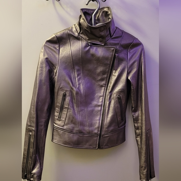 Mackage Aritzia Metallic Gunmetal Pewter lambskin leather motorcycle jacket xxxs - Picture 4 of 12